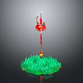 Decorative Spear Weapon With Red Floral Accents On Green Grass Base