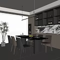Modern Restaurant Interior Design With Dining Table Chairs Marble Counter And Hanging Lights