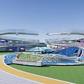 Colorful Outdoor Children's Play Area With Circular Structures Slides And Green Lawn