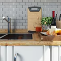 White Kitchen Cabinets With Wooden Countertop Sink Kitchen Utensils And Fresh Fruits