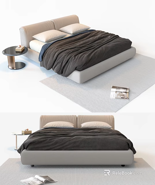 Modern Minimalist Double Bed With Dark Blanket Side Table Rug And Books 3d model