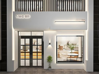 Modern Storefront Facade Design With Glass Doors Showcase Window Signboard Lighting And Plants 3d model