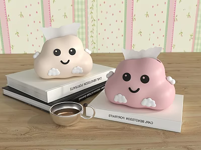 Cute Pink And Beige Cloud Shaped Tissue Box Holders With Smiley Faces 3d model