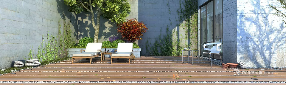 Cozy Courtyard Garden Featuring Wooden Deck White Lounge Chairs And Ivy Covered Stone Wall 3d model 