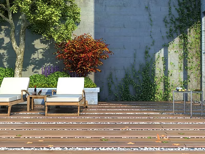 Cozy Courtyard Garden Featuring Wooden Deck White Lounge Chairs And Ivy Covered Stone Wall 3d model