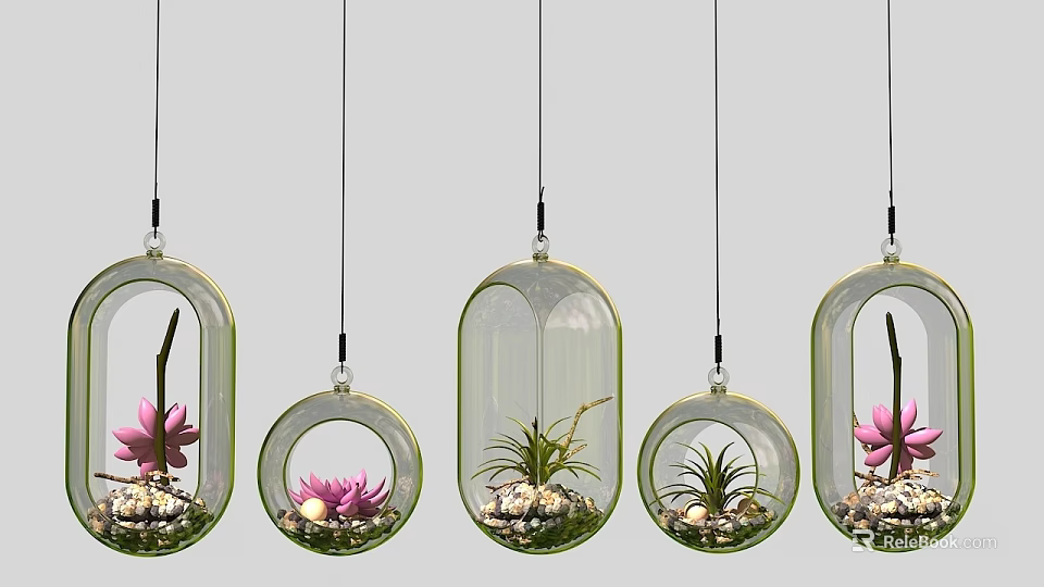 Multiple Hanging Transparent Glass Pendant Lights With Plants And Pink Flowers 3d model 