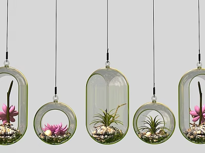 Multiple Hanging Transparent Glass Pendant Lights With Plants And Pink Flowers 3d model