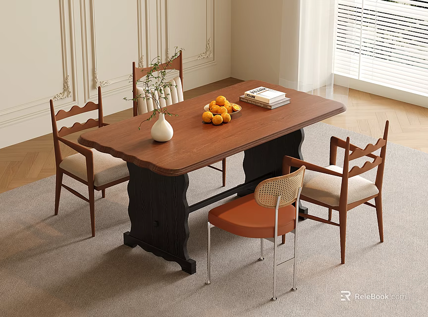 Wooden Dining Table With Black Legs And Chairs Beige Orange Cushions White Vase Oranges Books 3d model 