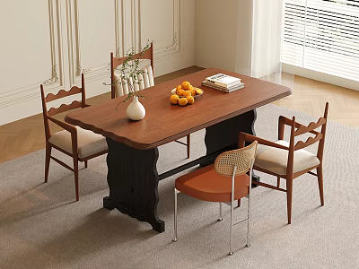 Wooden Dining Table With Black Legs And Chairs Beige Orange Cushions White Vase Oranges Books 3d model