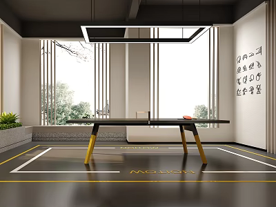 Modern Office Space With Long Table Gold Legs And Floor to Ceiling Windows 3d model