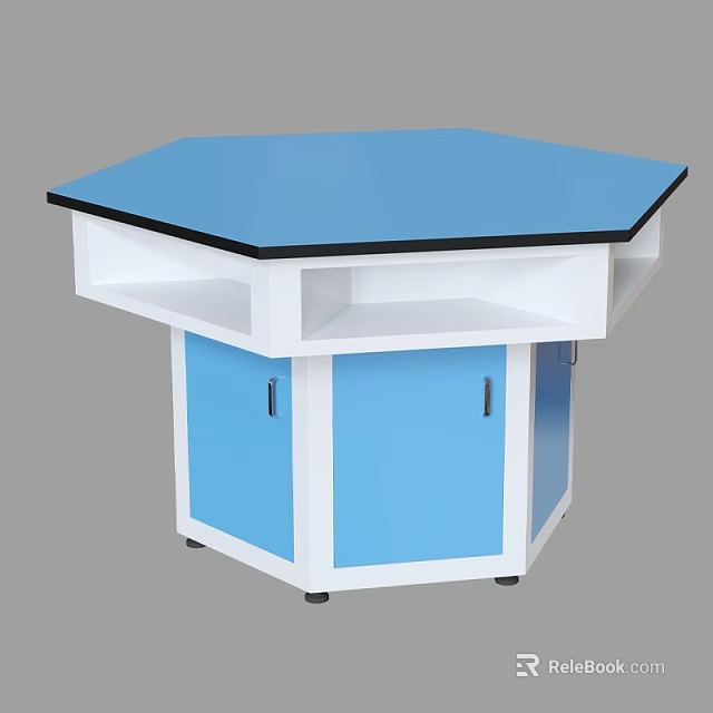 Functional Laboratory Hexagonal Workbench With Blue Top And White Storage Cabinets 3d model