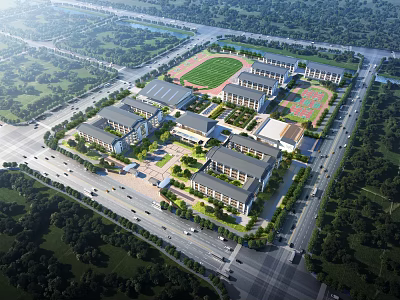 Aerial View of School Campus With Multiple Buildings Sports Field and Green Surroundings 3d model