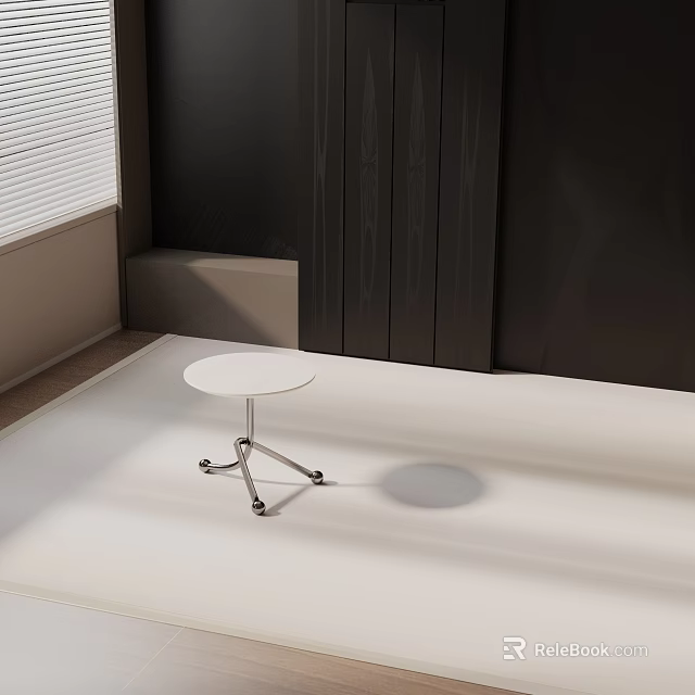 Side Table with White Round Tabletop Silver Metal Frame and Wheels Next to Dark Cabinet 3d model 