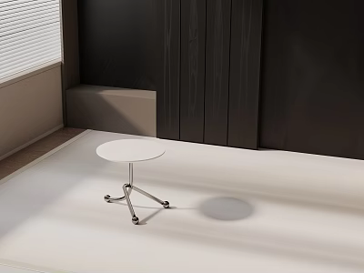 Side Table with White Round Tabletop Silver Metal Frame and Wheels Next to Dark Cabinet 3d model