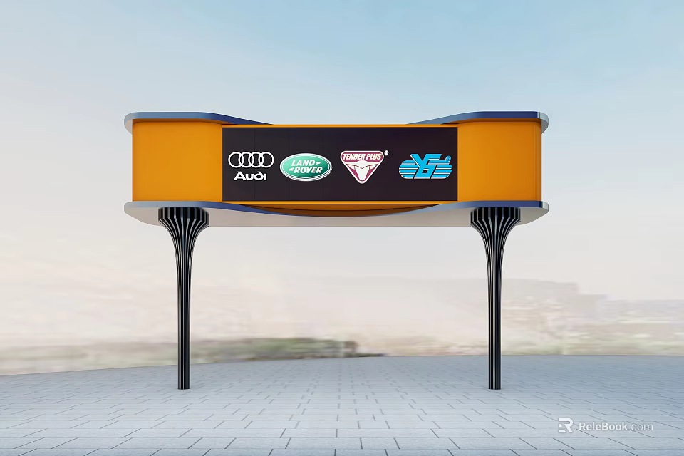 Modern Entrance Gate with Audi Land Rover Jaguar DS Logos and Orange Blue Design 3d model 