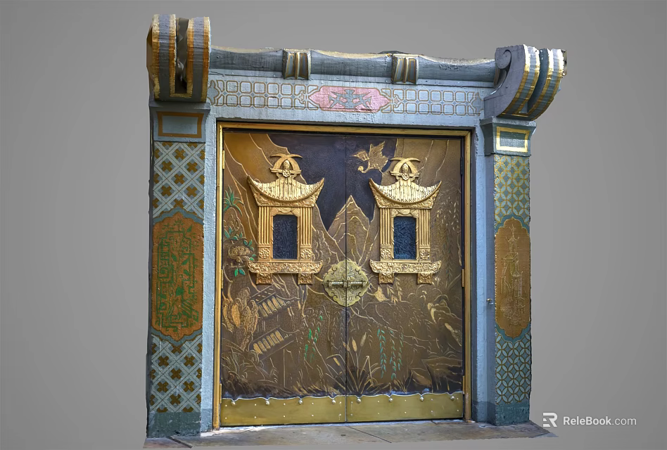 Traditional Chinese Style Bronze Door With Carved Patterns And Gate Tower 3d model 