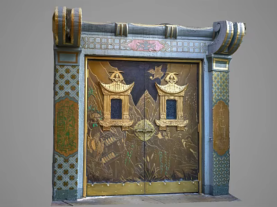 Traditional Chinese Style Bronze Door With Carved Patterns And Gate Tower 3d model