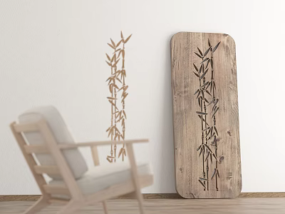 Bamboo Silhouette Wall Art Decor With Wooden Board And Chair In Interior 3d model
