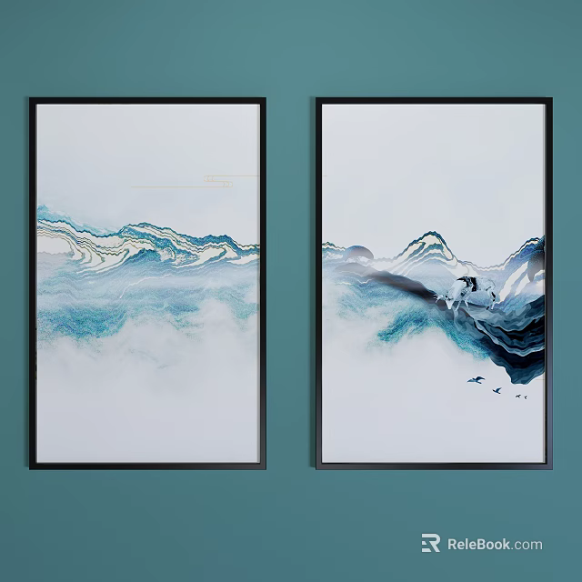Two Landscape Decorative Paintings With Blue White Mountain Patterns In Black Frames On Green Wall 3d model