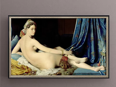 Classical Female Nude Figure Painting With Blue Curtain And Gold White Fabrics On Couch 3d model