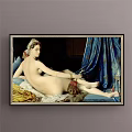 Classical Female Nude Figure Painting With Blue Curtain And Gold White Fabrics On Couch