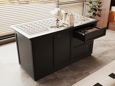 Black Cabinet With Open Drawer And Items On Top Near Window Blinds And Plant 3d model