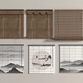 Various Window Blinds with Bamboo Fabric Landscape Painting Patterns Simple Design and Circular Element 3d model