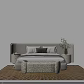 Stylish Double Bed With Upholstered Headboard Plush Pillows Bedside Tables Green Plant And Patterned Rug