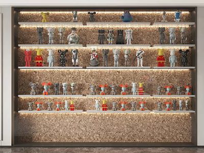 Dolls of Various Sizes and Styles Neatly Arranged on Multiple Shelves in Interior 3d model