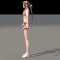 Woman Wearing Pink Bikini And Skirt With Flower Hair White Sandals Arms Outstretched Gray Background