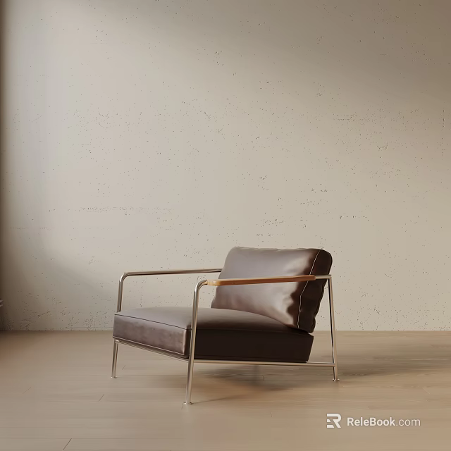 Simple Modern Leisure Chair With Brown Leather Upholstery And Metal Frame Armrests 3d model 
