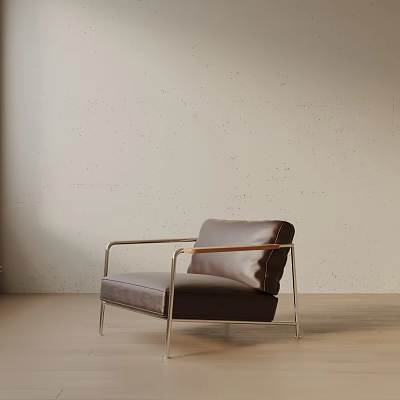 Simple Modern Leisure Chair With Brown Leather Upholstery And Metal Frame Armrests 3d model