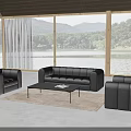 Black Leather Sofa And Coffee Table Set With Large Windows Lake Mountain View 3d model