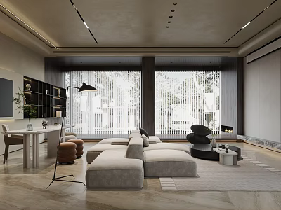 Modern Living Dining Room Interior With Open Concept Large Windows Beige Sofa And Fireplace 3d model