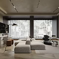 Modern Living Dining Room Interior With Open Concept Large Windows Beige Sofa And Fireplace