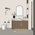 Modern Bathroom Interior With Wooden Cabinet Marble Countertop And Arched Mirror