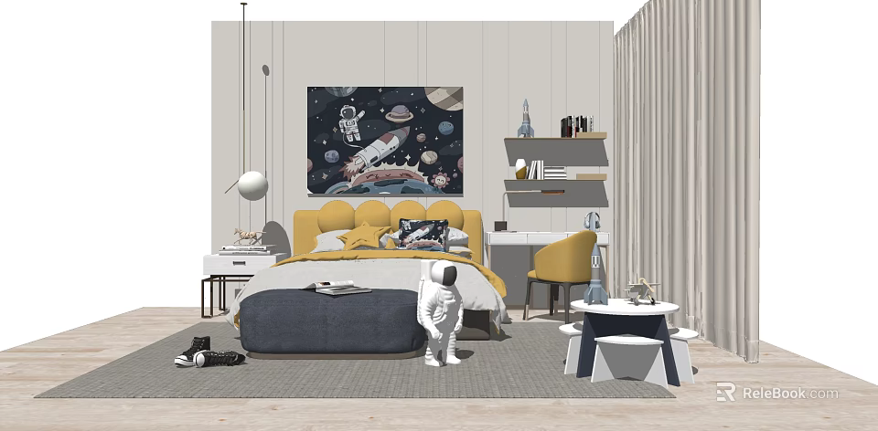 Cozy Kids Bedroom With Yellow Headboard Background Double Bed And Astronaut Wall Art 3d model 