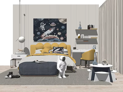 Cozy Kids Bedroom With Yellow Headboard Background Double Bed And Astronaut Wall Art 3d model