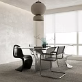 Modern Dining Table Set With Glass Top Black White Chairs Pendant Light And Window Blinds