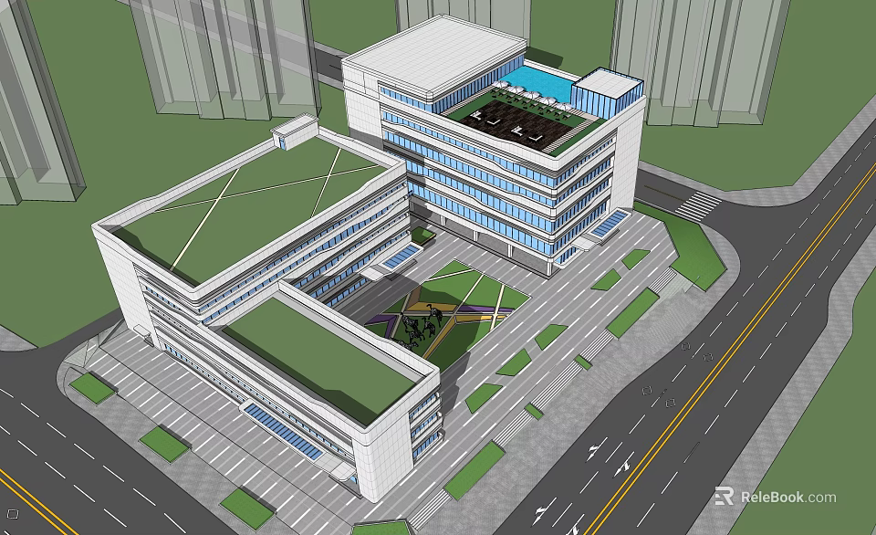 Modern Office Building Complex With Green Roofs Parking Area And Landscaping 3d model