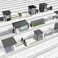 Multiple Modern Security Booth Structures With Fencing Barriers And Entrance Gates