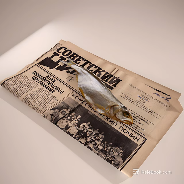 Fresh Whole Fish Displayed on Vintage Soviet Newspaper with Text and 3d model 