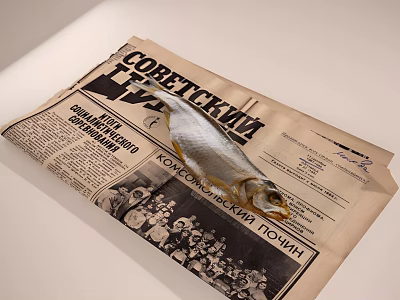 Fresh Whole Fish Displayed on Vintage Soviet Newspaper with Text and 3d model