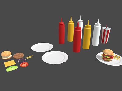 Hamburger With Patty Vegetables And Colorful Sauce Bottles On White Plates 3d model