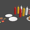 Hamburger With Patty Vegetables And Colorful Sauce Bottles On White Plates