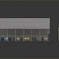 Industrial Warehouse Building With Metal Roof Green Pillars Multiple Doors And Cylindrical Structure
