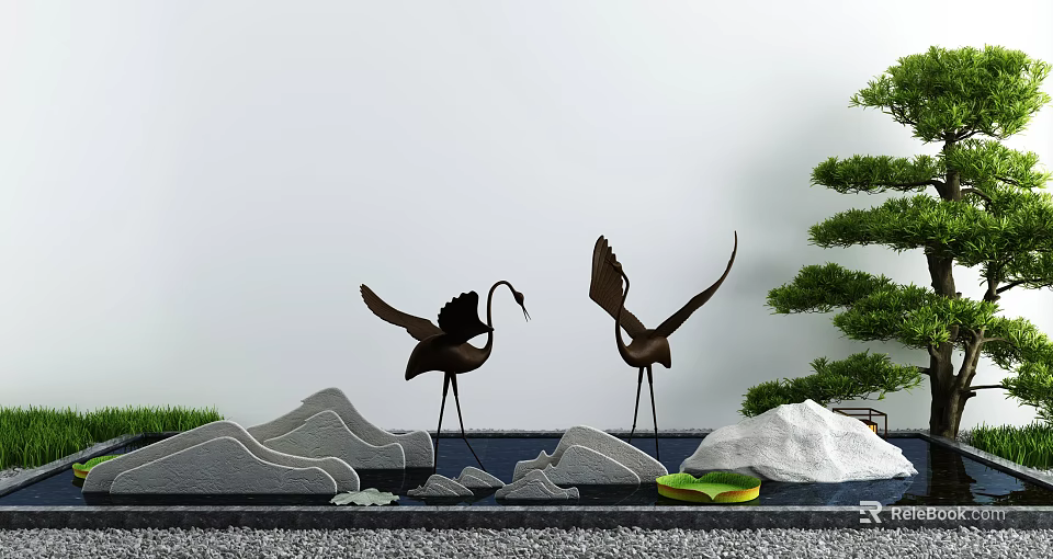 Karesansui Dry Landscape Garden With Black Crane Sculptures Mountain Shaped Stones Green Pine And Pebbles 3d model 