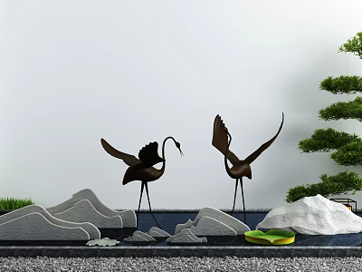 Karesansui Dry Landscape Garden With Black Crane Sculptures Mountain Shaped Stones Green Pine And Pebbles 3d model