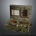 Open Vintage Green Suitcase Filled With Daily Necessities Small Boxes Bottles And