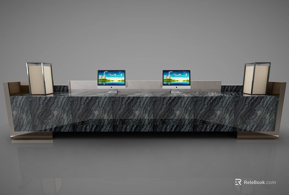 Modern Reception Desk With Marble Countertop Two Computer Monitors And Decorative Elements 3d model